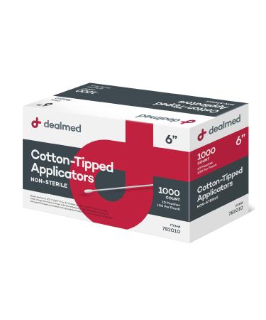 Dealmed 6" Cotton-Tipped Wood Applicators  1,000 Non-Sterile Cotton-Tipped Applicators, 100 Applicators Per Pouch, Ideal for Application of Medication, Cleaning Skin, Arts and Crafts and More 6 Inch (Pack of 1)