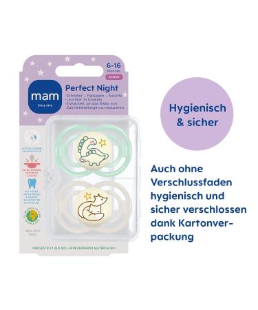 Mam Perfect Night Pacifiers 2-Pack - Glow in the Dark Tooth-Friendly Eco-Friendly Silicone for 6-16 Months - Includes Pacifier Box - Dino & Fox Design - Buy Online on SooperMarket.com