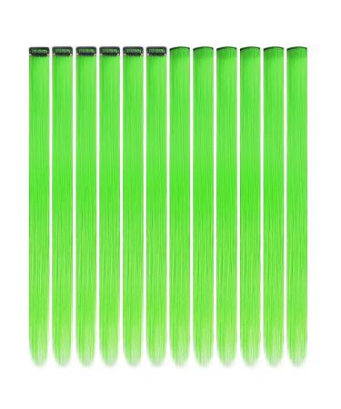 12 Pcs Colored Hair Extensions Colorful Clip in Hair Extensions 22 inch Synthetic Straight Hair Extensions for Kids Girls Women J 12pcs-Green