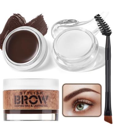 2 in 1 Makeup Kit with Eyebrow Gel Shaping Wax & Duo Brush Waterproof Dark Brown Pomade for Fill and Detail Brows Clear Brow Styling Gel Lift for Fluffy Feathery Brow Breeze