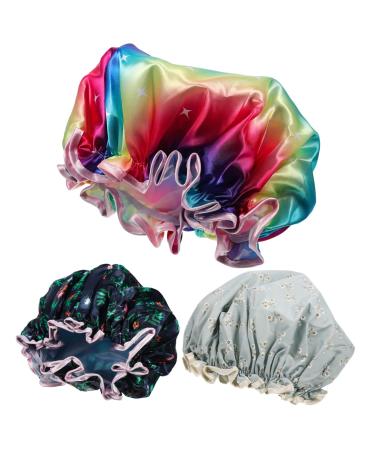 FRCOLOR 3pcs Elastic Double-layer Shower Cap Satin Hair Cap Satin Bonnet Hair Shower Cap Water Proof Shower Caps for Women Silk Cap Dry Hair Hats Shower Caps for Lady Breathable Hair Caps
