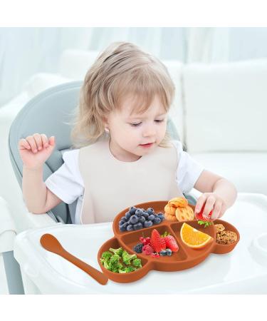 Suction Silicone Baby Plate with Lid & Spoon Set | BPA Free & Dishwasher Safe | Toddler Self Feeding Dinnerware | Kid Divided Weaning Plate - Caramel - Buy Online on SooperMarket.com