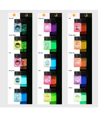 Glow in The Dark Pigment Powder Set - 15 Jars, 12 Color Glow Pigment, 3 Color Luminous Flake with UV Lamp - Epoxy Resin Luminous Powder for Slime, Skin & Nails - Long Lasting Self Glowing Dye for DIY Crafts - Buy Online on SooperMarket.com