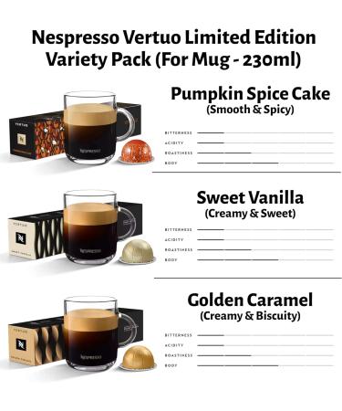 Nespresso Vertuo Coffee Capsules - Pumpkin Spice Cake Sweet Vanilla Golden Caramel - 3 Boxes (30 Pods) Bundled with Border Biscuits Selection & Giftable Tote Bag - Buy Online on SooperMarket.com