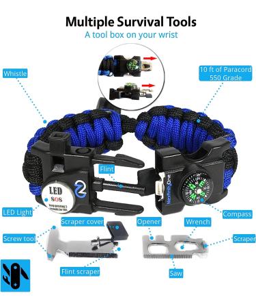 Survival Paracord Bracelet Set of 2 Blue- Tactical Emergency Gear Kit with SOS LED Light, Multitools, Fire Starter, Compass, and Whistle - Buy Online on SooperMarket.com