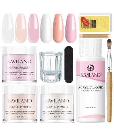 Saviland Acrylic Nail Kit Starter: Clear Pink Nude Acrylic Nail Kit Acrylic Powder & Monomer Acrylic Nail Liquid Acrylic Nail Brush Nail Files Forms Press On Nails Kits Acrylic Set Home Practice 1-Acrylic Nail Kit