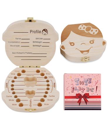 Baby Tooth Box by NASHRIO - Wooden Kids Keepsake Organizer Gift for Baby Teeth, Cute Children Tooth Container with Tweezers to Keep the Childwood Memory (Gril) Girl