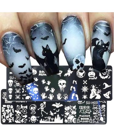 healthGUO Nail Art Stamping Plate Stamper Sponge Pen Halloween Pumpkin Bats Image Nail Polish Template Stamp Stencil Tools Kit 6 - Buy Online on SooperMarket.com