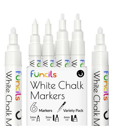 Funcils White Chalk Markers for Chalkboard Signs, Blackboard, Window, Labels, Bistro, Glass, Cars - Variety Pack of 6 - (2x) 1mm Extra Fine, 3mm Fine Tip & 6mm Bold Tip | Erasable Liquid Chalk Pens White 6 White - 1,3,6mm