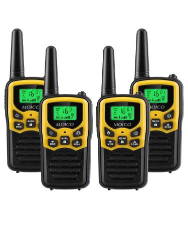 Walkie Talkies with 22 FRS Channels, MOICO Walkie Talkies for Adults with LED Flashlight VOX Scan LCD Display, Long Range Family Walkie Talkie for Hiking Camping Trip (Yellow, 4 Pack)