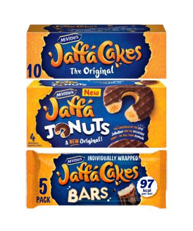 Jaffa Cakes Bundle With Jaffa Cake Bars 5 x 24g Jaffa Cakes Jonuts 4 x 172g and The Original Jaffa Cakes 110g (3 Pack)