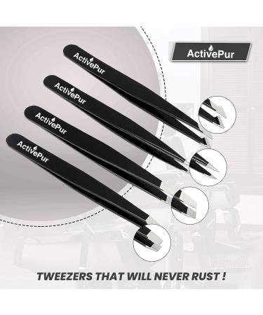 ActivePur 4 Pcs Precision Tweezers Set for Facial Hair, Ingrown Hair, Blackheads - Stainless Steel Professional Tweezer Set with PU Bag - Buy Online on SooperMarket.com