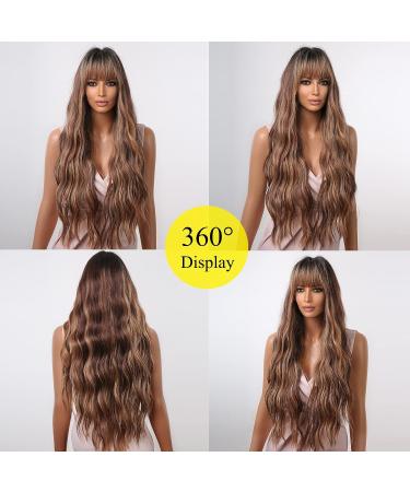 Allbell Long Wave Brown Highlight Wig with Bangs | Synthetic Hair Dark Roots Brown Mixed Blonde - Women's Wigs - Buy Online on SooperMarket.com