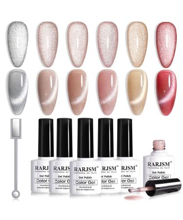 RARJSM Cat Eye Gel Nail Polish Set with Magnet Stick 9D Galaxy Velvet Silver Glitter Nude Purple Pink Red Champagne Gold Brown 6 Colors Ice Jelly Gel Polish UV LED Curing Requires Soak Off Home Salon Nude Cat Eye Set