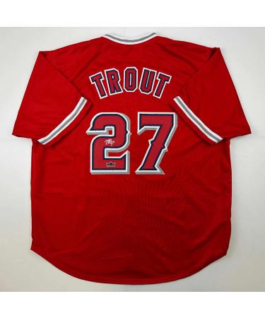 Facsimile Autographed Mike Trout Los Angeles LA Anaheim Red Reprint Laser Auto Baseball Jersey Size Men's XL
