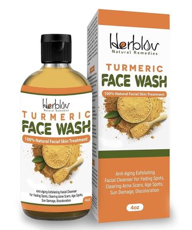 Herblov Turmeric Face Wash  4oz Turmeric Clear Skin Liquid Soap   100% Natural Anti Aging Exfoliating Turmeric Facial Cleanser for Spots  Clearing Acne Scars  Age Spots  Sun Damage  Discoloration   Turmeric Soap Skin Det...