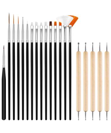 Hanyousheng 20 pieces nail brush set 15 pieces nail design brushes 5 pieces nail art dotting tools for DIY nail art design black