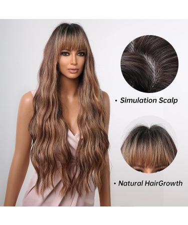 Allbell Long Wave Brown Highlight Wig with Bangs | Synthetic Hair Dark Roots Brown Mixed Blonde - Women's Wigs - Buy Online on SooperMarket.com