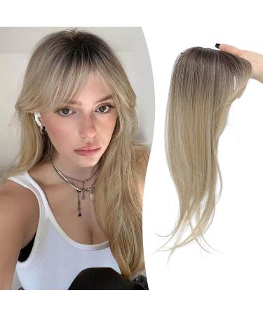 MORICHY Clip in Fringe 360 Bangs Hair Clip Fake Bangs with Long Layered Fringe Clip in Hair for Women Mix Blonde Bangs Clip in Hair Extensions Curved Bangs for Daily Use(Mix Blonde with Dark Root) 18Inch RT6/22/613A#