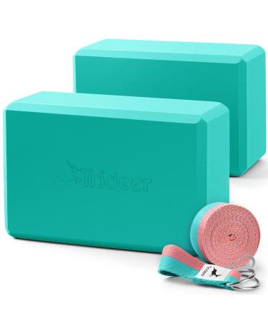 Trideer Yoga Blocks 2 Pack with Strap Yoga Blocks and Strap Set for Women Non-Slip High Density EVA Foam & 8 ft Stretching Strap for Exercise Pilates General Fitness and Workouts 9"x6"x3" Turkis