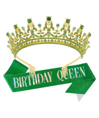 AOPRIE Birthday Queen Sash for Women Guardian Soldiers Birthday Crown for Women Birthday Tiara for Women Birthday Queen Headband Princess Crown Rhinestone Happy Birthday Accessories Green