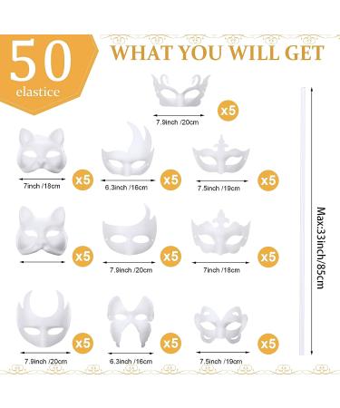 50 Pcs DIY Unpainted White Full Face Masquerade Paper Mache Masks - 10 Styles for Art Party, Cosplay, Halloween & Christmas - Buy Online on SooperMarket.com