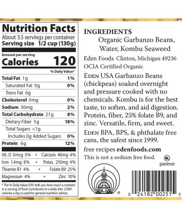 Eden Organic Garbanzo Beans 15 oz (Pack of 12) - No Salt Added | Buy Online - Buy Online on SooperMarket.com