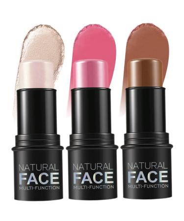 Blush Stick 3 PCS Contour Stick Waterproof Long Lasting Highlighter Makeup Stick Lightweight Multi-use Cream Contour Buildable Face Makeup Kit for Cheeks Lips