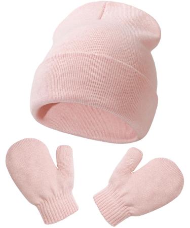 XYIYI Newborn Baby Winter Beanie Hat Mitten Set Infant Toddler Warm Knitted Hat Glove Set for Boys Girls 2-5 Years Pink2
