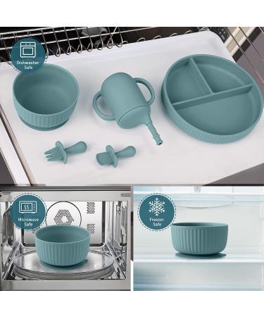 Baby Feeding Set: Silicone Bib, Suction Divided Bowl, Spoon, Fork - Toddler Utensils for Baby Led Weaning - 6 Months (Blue Green) - Buy Online on SooperMarket.com