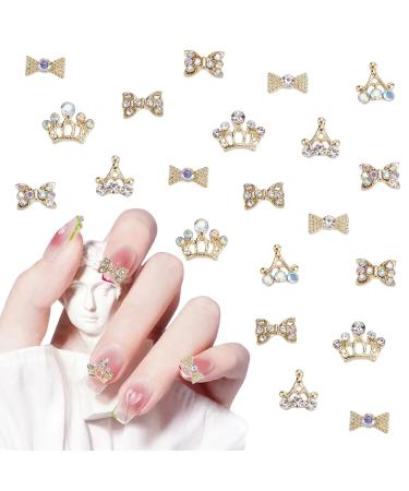 NICENEEDED 40Pcs 3D Alloy Nail Rhinestones Diamond Crown and Bowknot Nail Charms Luxury Metal Gold Nail Jewelry Decorations for Women Girls Nail Design DIY style 2