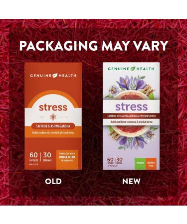 Genuine Health stress 60 count 30 day supply Saffron Ashwagandha and Passionflower for natural daily stress and sleep support Dairy & gluten-free Vegan - Buy Online on SooperMarket.com