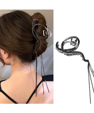 Rhinestone Hair Claw Clip Circle Irregular Tassel Hair Clip French Black Hair Accessory Large Metal Claw Clips Thick Hair Barrettes for Women Girls Fancy Hairpin Bridesmaid Hair Decorations 1Pcs
