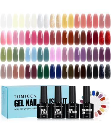 Tomicca 40PCs UV Nailack Set 36 colors Shellac gel nail polish transparent & 4 * 8ml Base Top Coat Set With Blooming Gel & Round Nagel Display Nagel Tip Exhibition for nail studio and DIY Home Set03 Transparent Color series