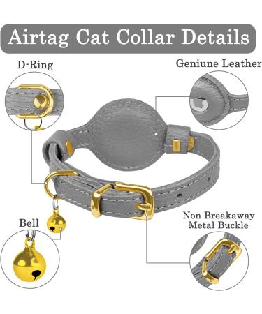 OOPSDOGGY AirTag Cat Collar with Bell - Non Breakaway Leather Kitten Collar with Apple Air Tag Holder - Lightweight Integrated GPS Pet Collars for Girl Boy Cats Small Dogs Puppies (Gray) - Buy Online on SooperMarket.com