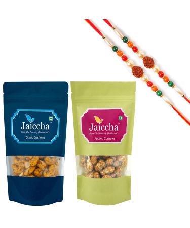 Jaiccha Ghasitaram Rakhi Gifts for Brothers Rakhi Dryfruits - Pack of 2 Garlic Pudina Cashews Pouches Small 200 GMS with 2 Rudraksh rakhis