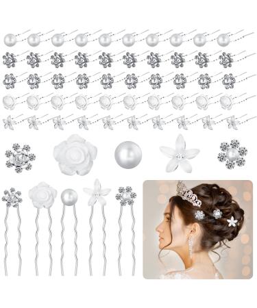 50 Pieces Bridal Wedding Hair Pins White Rose Flower Hair Pins White Flower Rhinestone Hair Pins Faux Pearl Hair Pins Bridal Rhinestone Hair Clips Accessories for Women Girls Silver White
