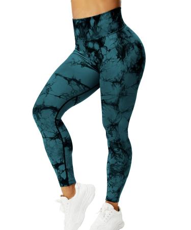 ZAAYO Women's Gym Leggings Sport Booty Scrunch Butt High Waist Seamless Yoga Pants #G Tie Dye Blue Green (Size Up) XS