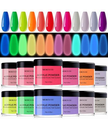 Morovan Nail Acrylic Powder Set - 12 Colors Acrylic Nail Powders Glow in the Dark Acrylic Nail Powder Luminous Colors Professional Polymer Powder for Acrylic Nail Extension Carving