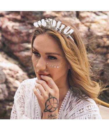 Formery Star White Quartz Headband Silver Crescent Moon Natural Stone Crown Hairband Halloween Cosplay Wedding Crystal Tiara Headpiece for Women