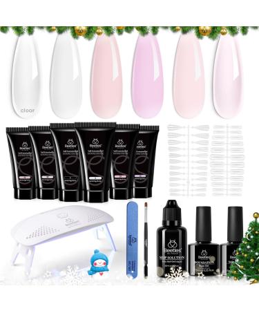 Beetles Poly Nail Extension Gel with Uv Light Starter Kit- 6 Jelly Colors 15 ML Clear Pink Neutral Jelly Gel Nails Quick Building Hybrid Gel Base Top Coat Jelly PolyGel Nail Kit