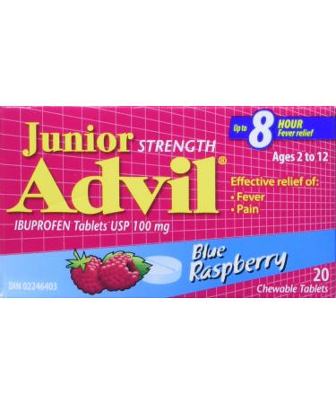 Junior Strength Advil (20 Count Blue Raspberry Flavour) Ibuprofen Chewable Tablets Fever Relief Blue Raspberry 20 Count (Pack of 1)