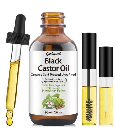 GoldWorld100% Organic Pure Black Castor Oil Cold Pressed for Hair Eyebrows Eyelash Growth Serum to Grow Lashes Castor Oil for Skin Body Face Caster Oils Unrefined in Glass Bottle Hexane Free