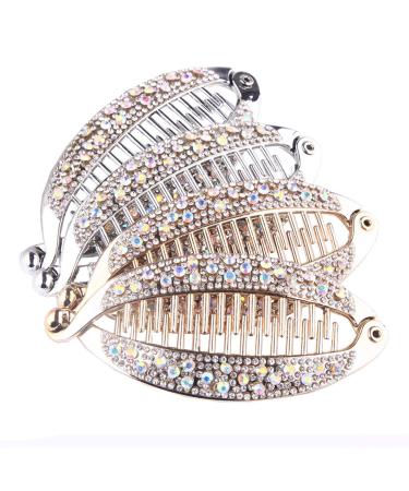 4Pcs Elegant Shining Rhinestone Crystal Banana Clip Hair Clincher Rounded Edges Hair Comb Fish Shape Grips Clamp Headwear for Women