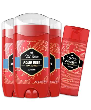 Old Spice Men's Deodorant Aluminum-Free Aqua Reef, 3.0oz Pack of 3 with Travel-Sized Swagger Body Wash