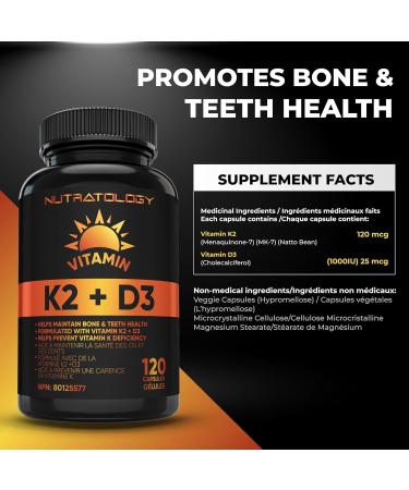 Vitamin K2 + D3 Highest Potency 120MCG/1000 IU - 120 Capsules - Helps Maintain Bone & Teeth Health - Formulated With MK-7 For Best Results - Immune System Support - Made In Canada 120 count (Pack of 1) - Buy Online on SooperMarket.com