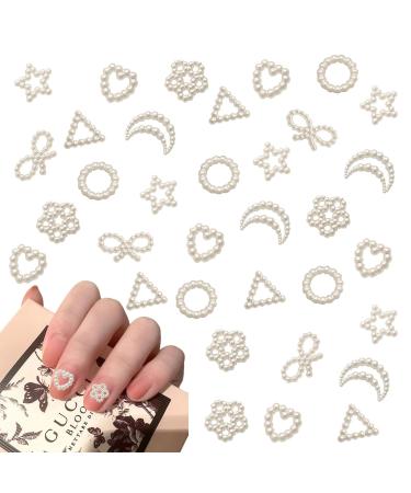 Pearl Nail Charms 200 Pcs Pearls Nail Art Charms 3D Love Heart Star Flower Bow Nail Art Decorations for Nail Art Design DIY Crafting (Beige)