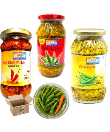 Spicy Pickle Bundle: Ashoka Chilli Pickle 480g + Green Chilli Pickle 500g + Red Chilli Pickle In Olive Oil 300g (1.280Kg)