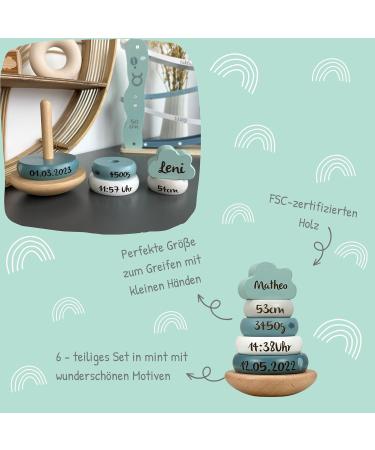 Personalized Mint Label Stacking Tower | Handmade Baby Wooden Toys for Birth & Baptism Gifts - Buy Online on SooperMarket.com