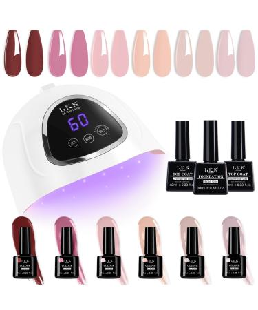 Gel Nail Polish Kit LKE Gel Nail Polish Starter Kit with 72W UV Lamps for Gel Nails 6 Colors Gel of Pink Truffle Nail Polish with Glossy & Matte Top and Base Coat Manicure DIY Gifts Set for Women Brown